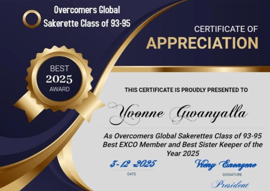 Yvonne Certificate of appreciation Year 2025